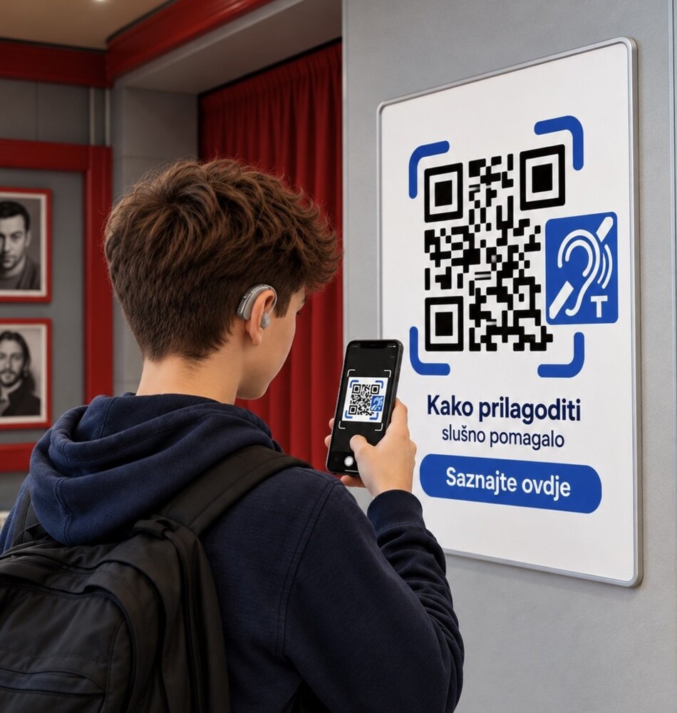 Dječak sa slušnim aparatom u predvorju kazališta mobitelom skenira QR kod s uputama kako prilagoditi slušno pomagalo