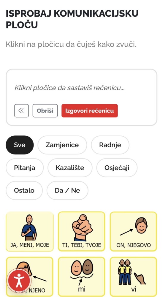 Komunikacijska ploča na webu: sličice s riječima i gumb „Izgovori rečenicu”
