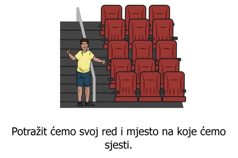 Stranica slikopriče: ilustracija dječaka kraj redova sjedala i tekst „Potražit ćemo svoj red i mjesto na koje ćemo sjesti”